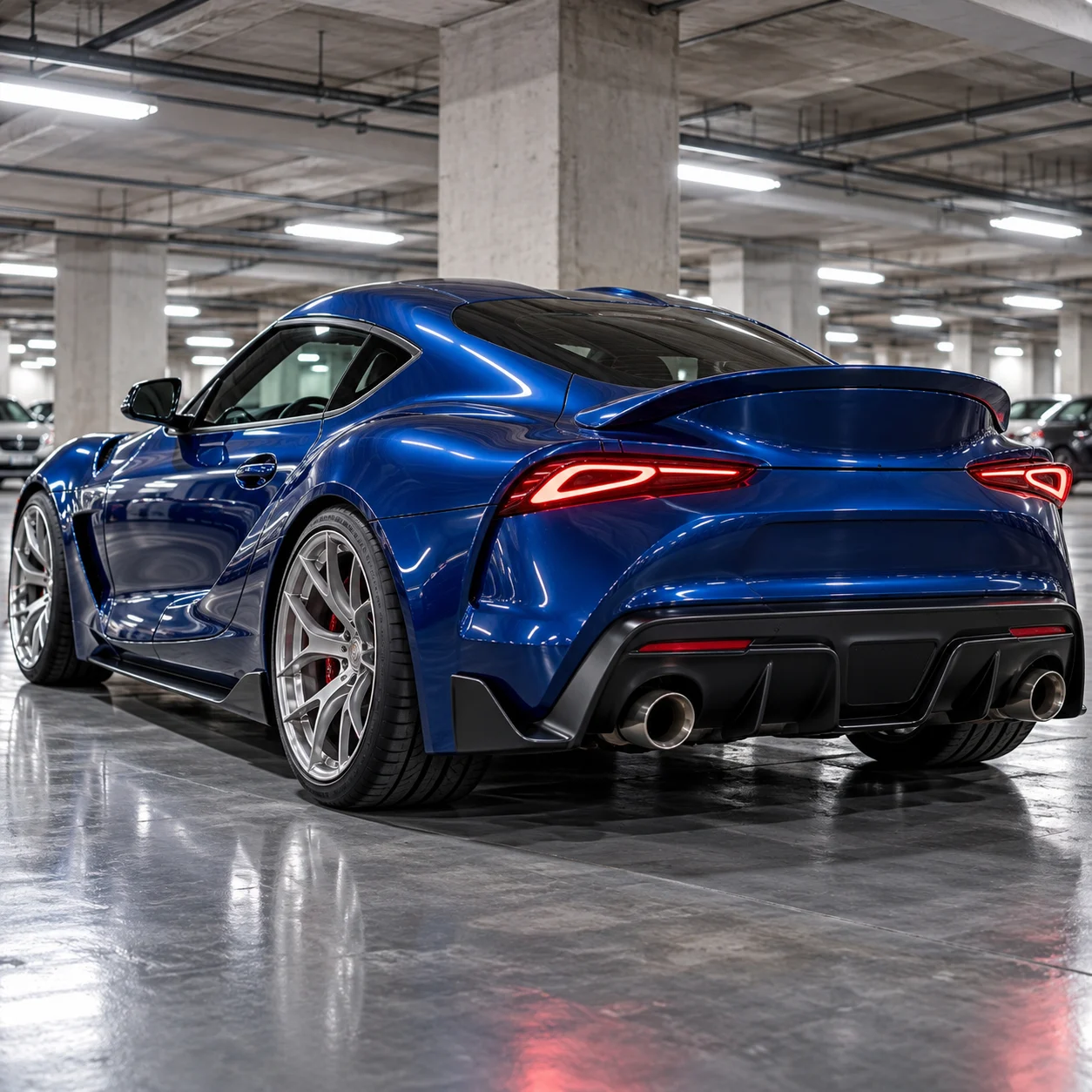 Illustrative blue Japanese sports coupe rear three-quarter on brushed silver forged Y-spoke concave wheels