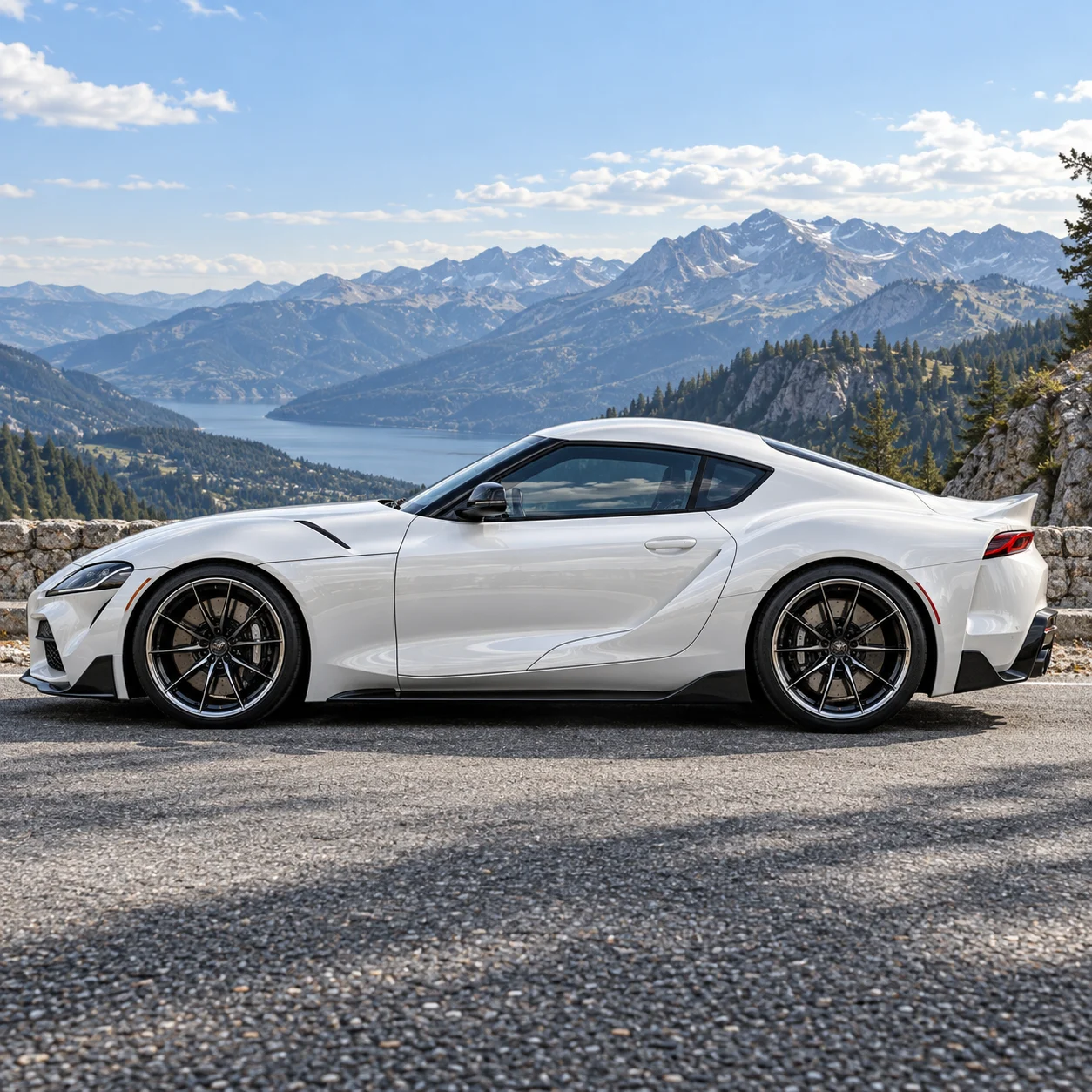 Illustrative white Japanese sports coupe side profile on gloss black twin multi-spoke forged wheels