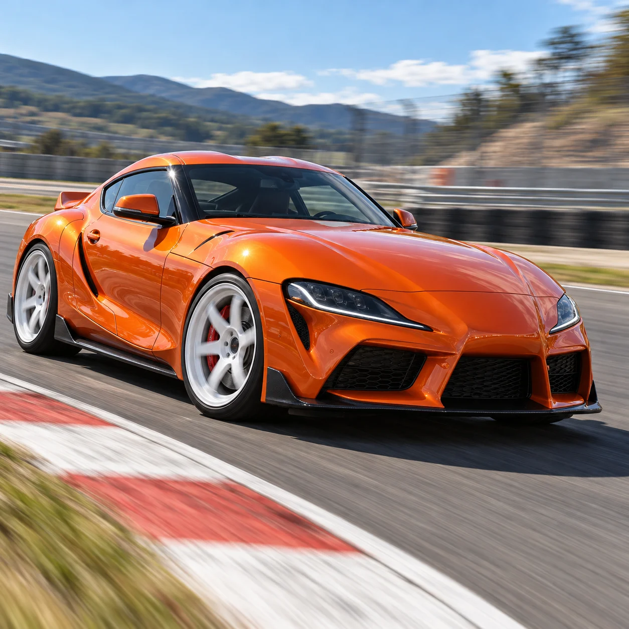 Illustrative orange Japanese sports coupe on track on gloss white forged 6-spoke wheels with red calipers