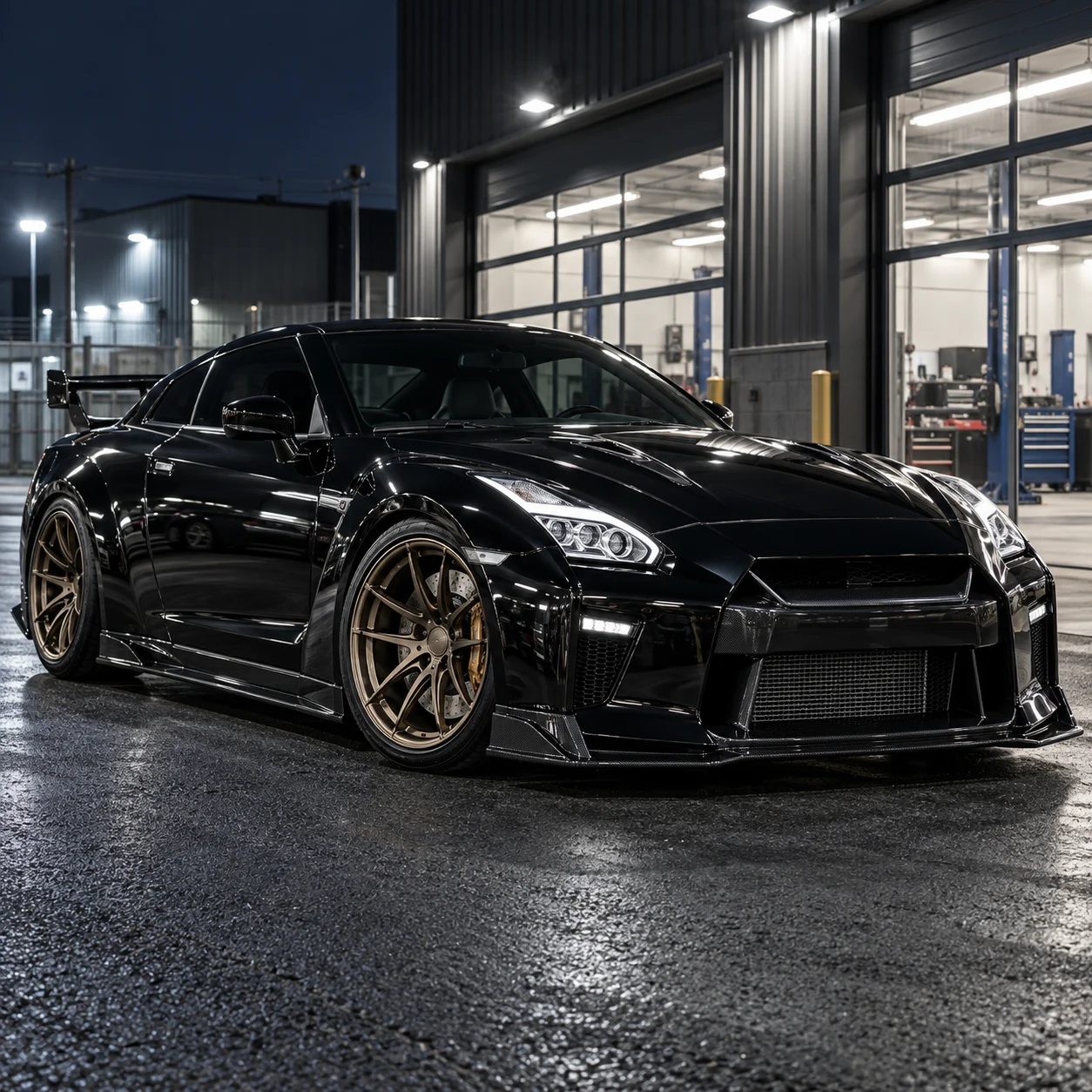 Illustrative black Japanese sports coupe on satin bronze GT concave Y-spoke forged wheels at night