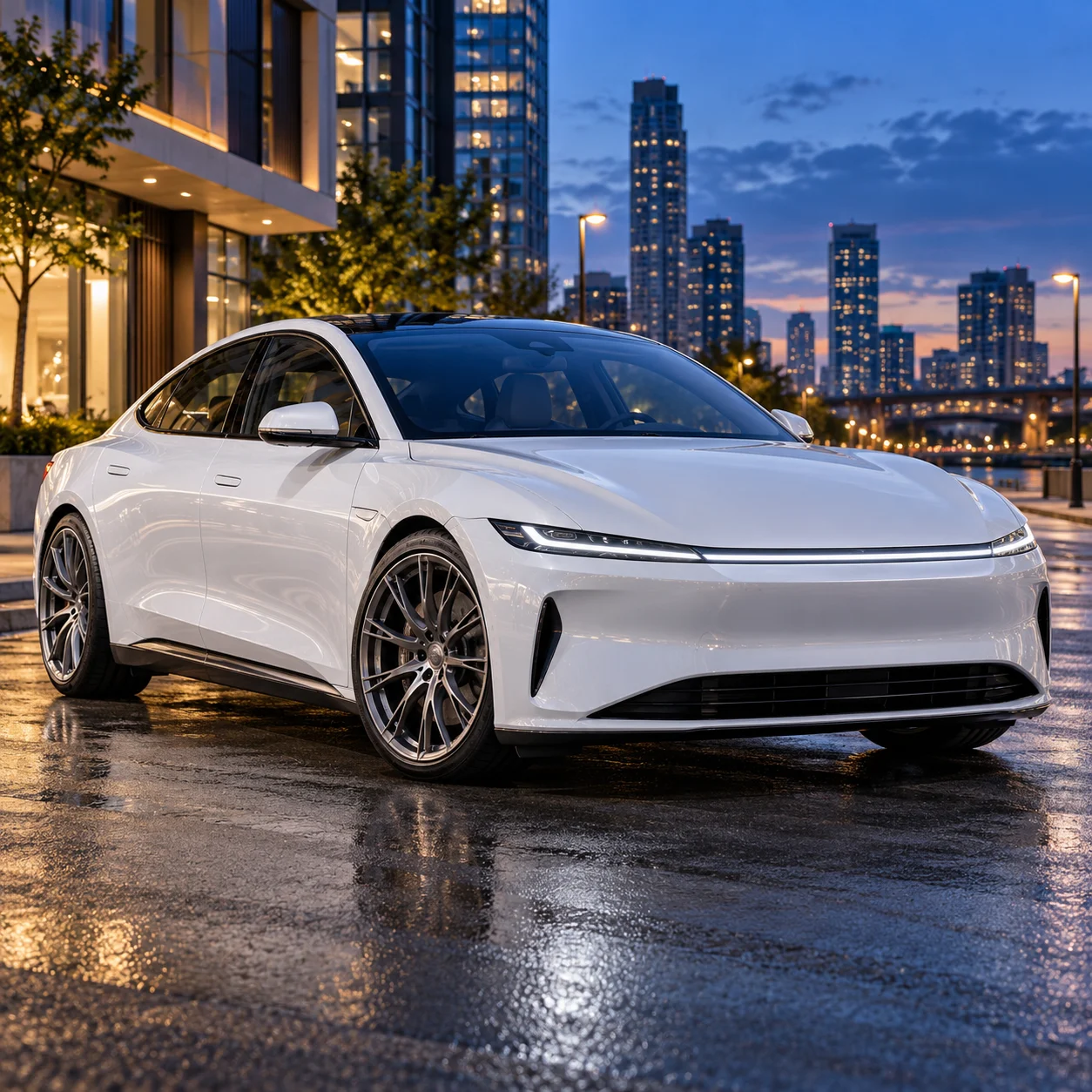 Illustrative white electric sedan on satin gunmetal clean multi-spoke forged wheels at blue hour