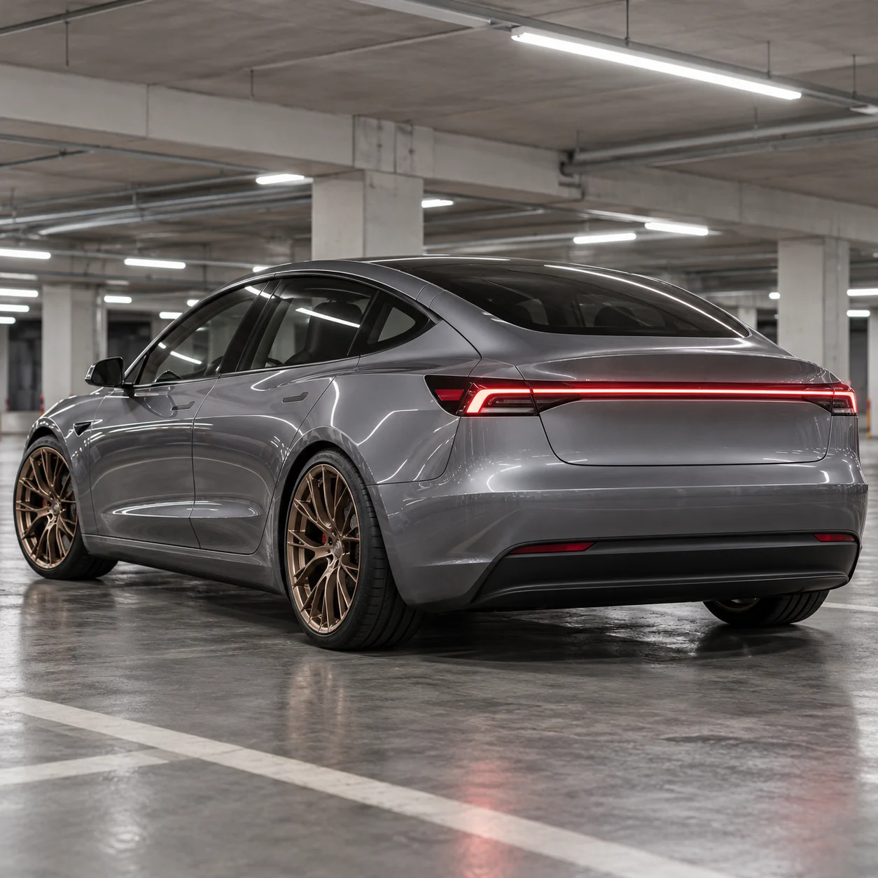 Illustrative pearl grey electric sedan rear three-quarter on satin bronze multi-spoke forged wheels