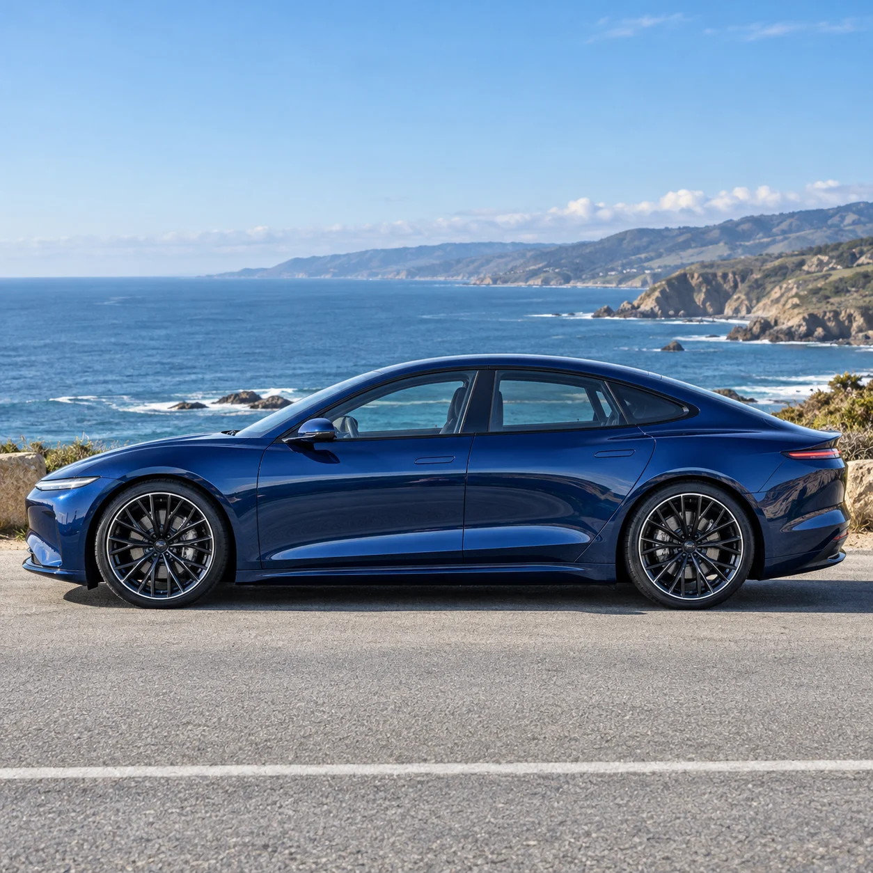 Illustrative blue electric sedan side profile on gloss black thin multi-spoke forged wheels