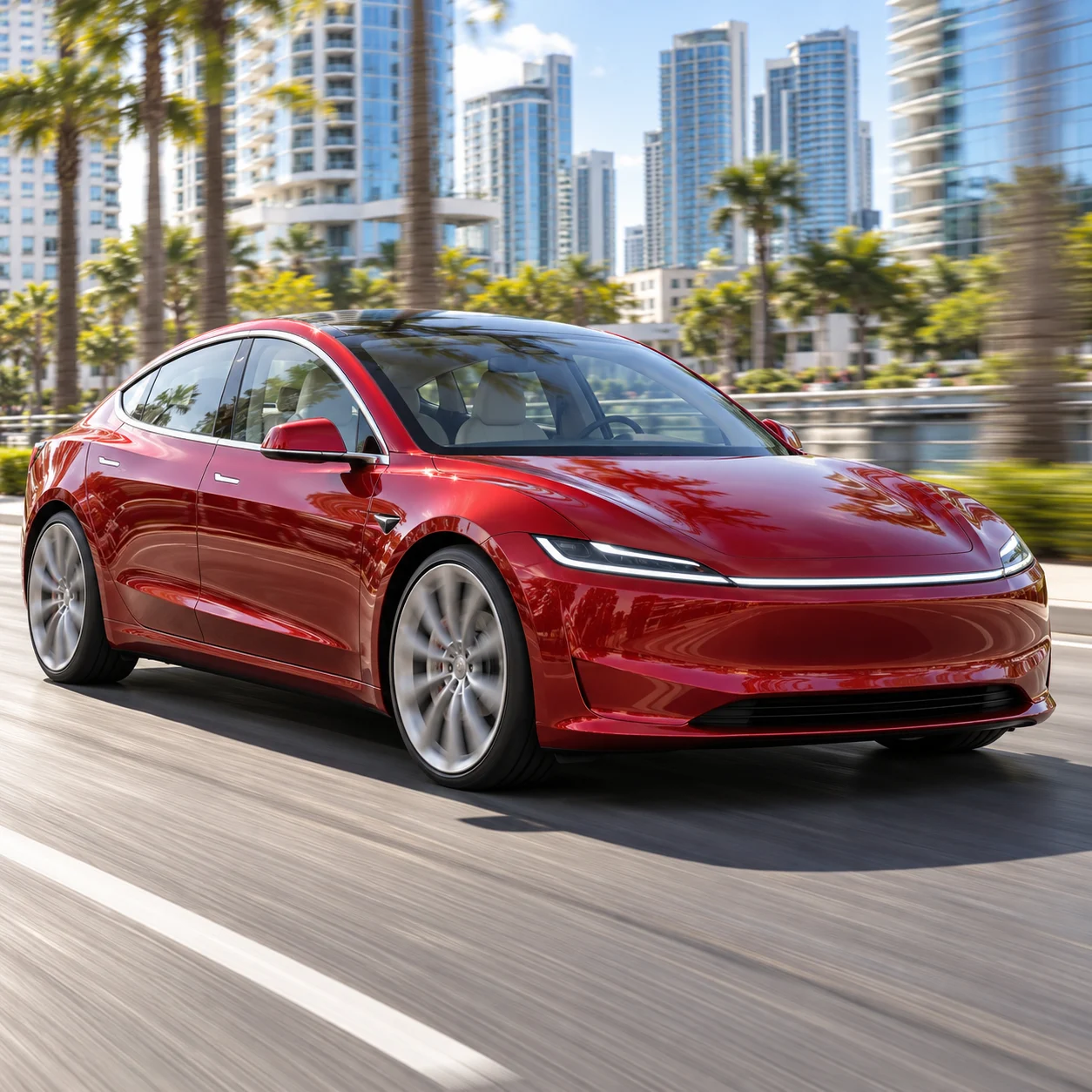 Illustrative red electric sedan on a city boulevard on satin silver multi-spoke aero forged wheels