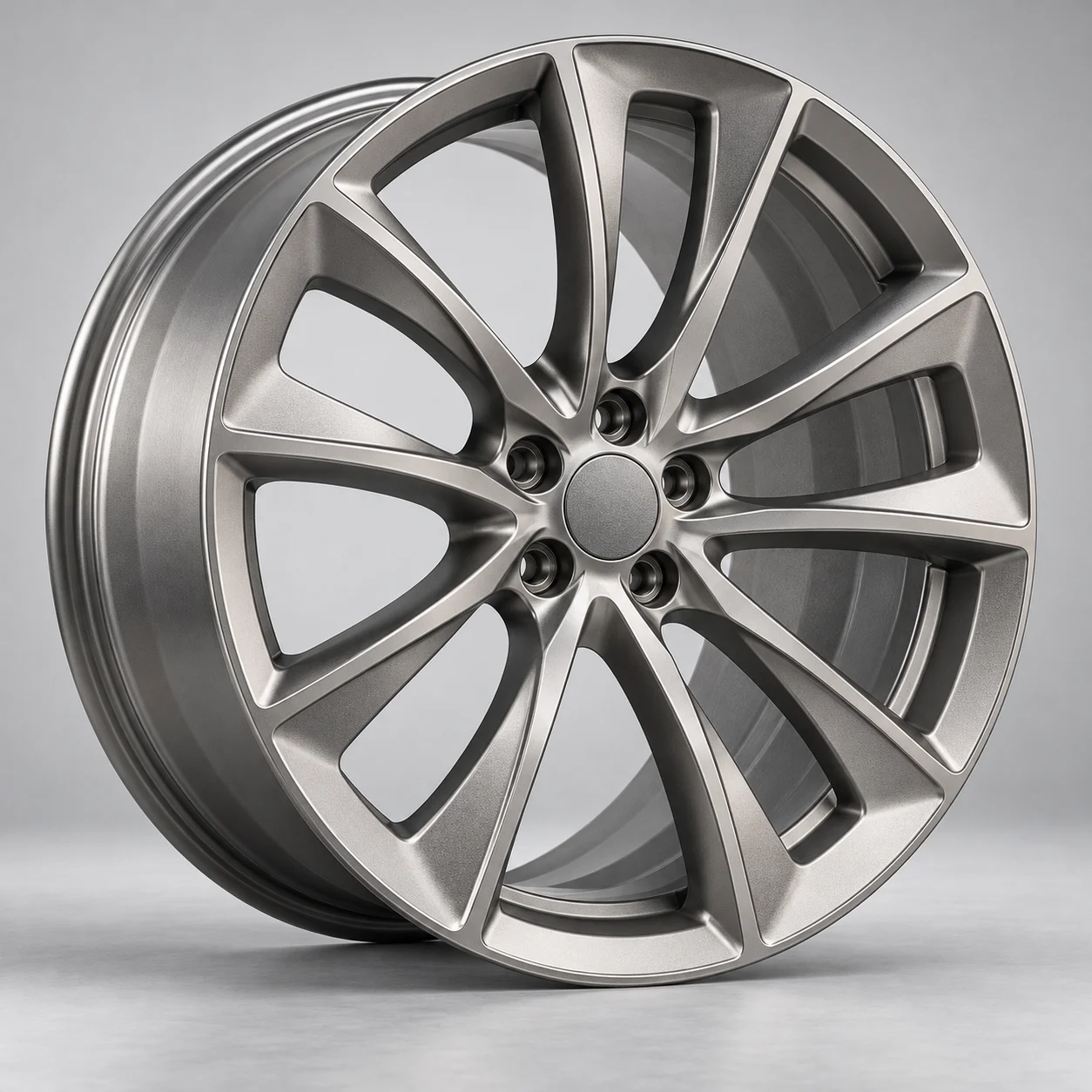 Illustrative clean multi-spoke aero forged aluminum wheel in satin titanium, studio shot