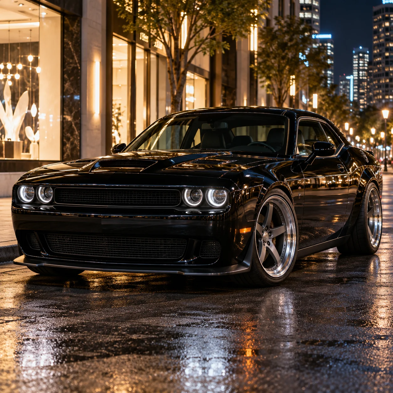 Illustrative black American muscle coupe on satin gunmetal deep-concave 5-spoke forged wheels with wide polished lip at night