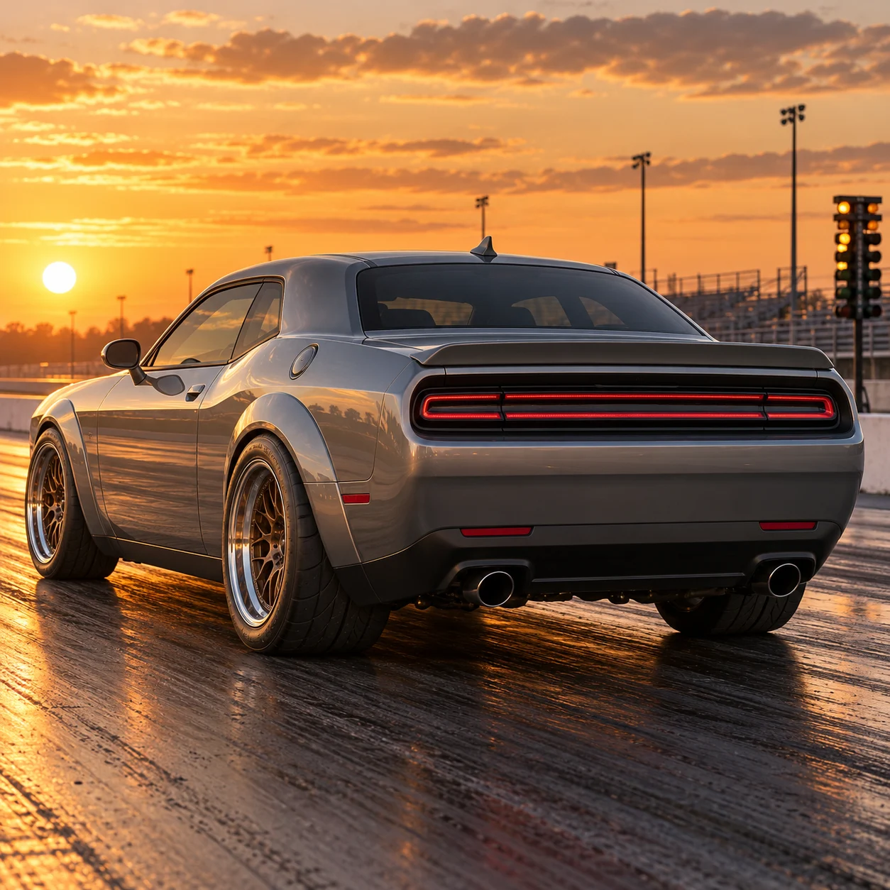 Illustrative silver-grey American muscle coupe rear three-quarter on bronze deep-concave mesh forged wheels with wide lip