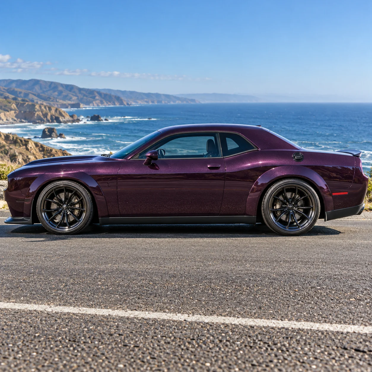 Illustrative plum American muscle coupe side profile on gloss black deep-dish forged wheels with wide stepped lip