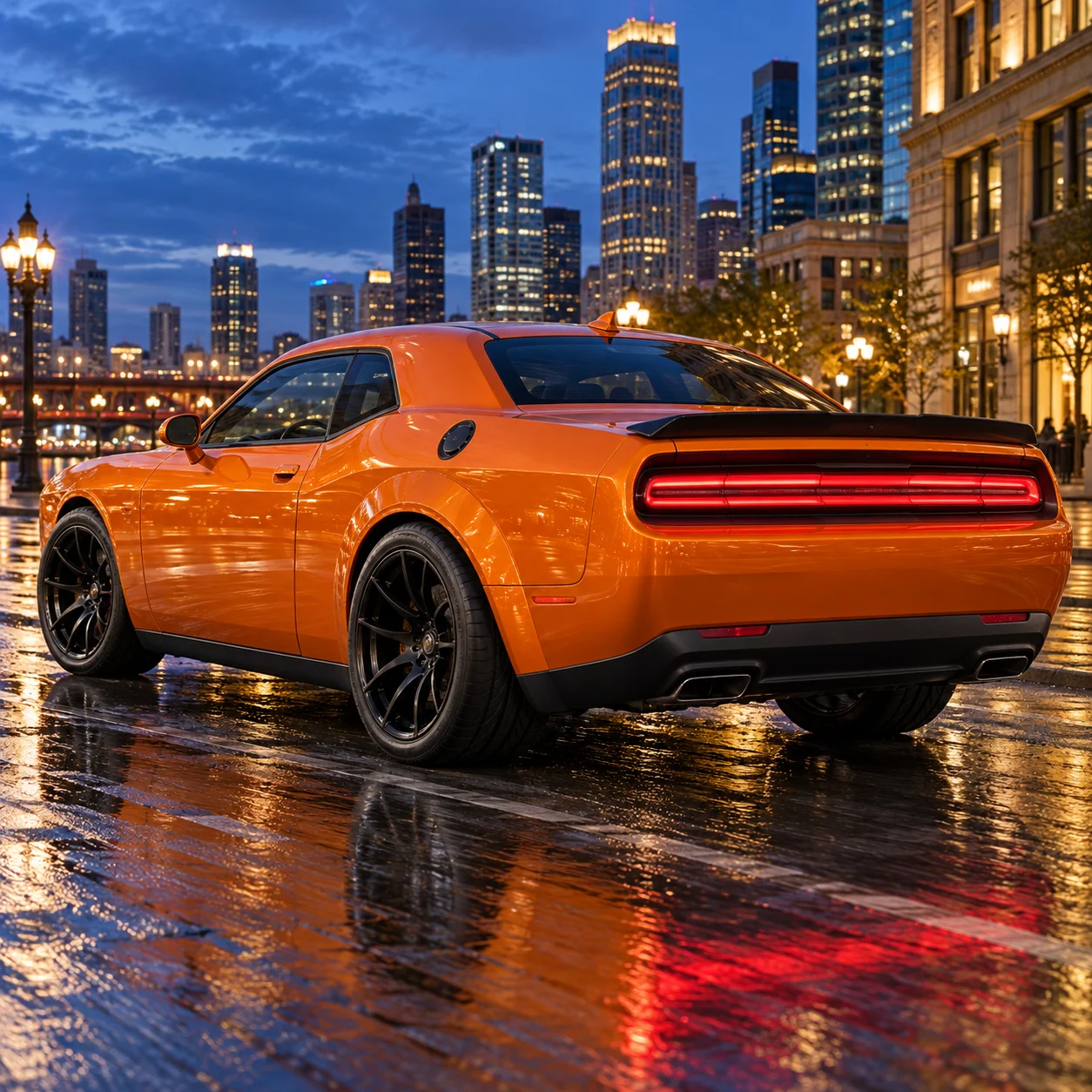 Illustrative orange American muscle coupe on a city street on satin black deep-concave forged wheels with wide lip