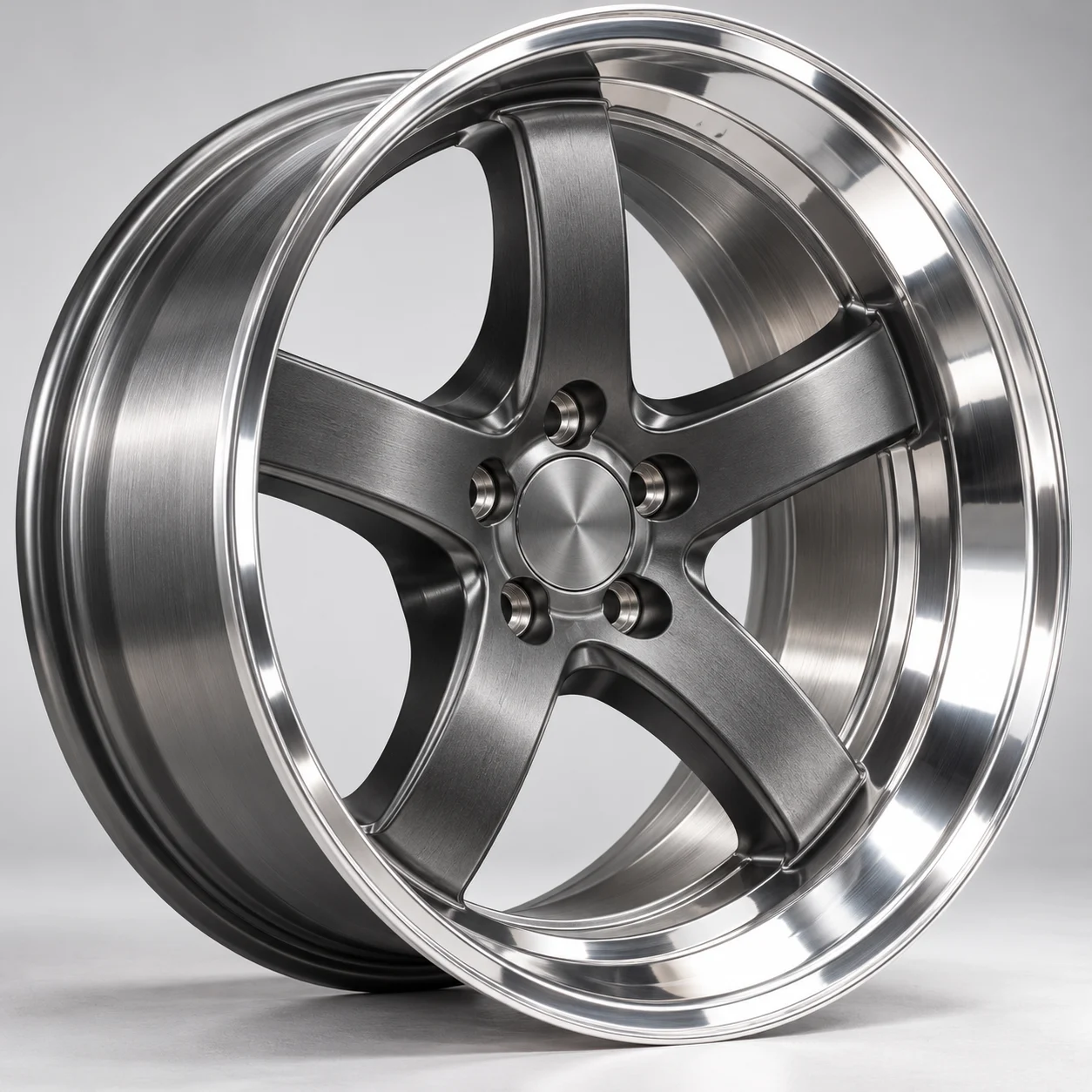 Illustrative wide-lip deep-concave forged aluminum muscle wheel in satin gunmetal, studio shot