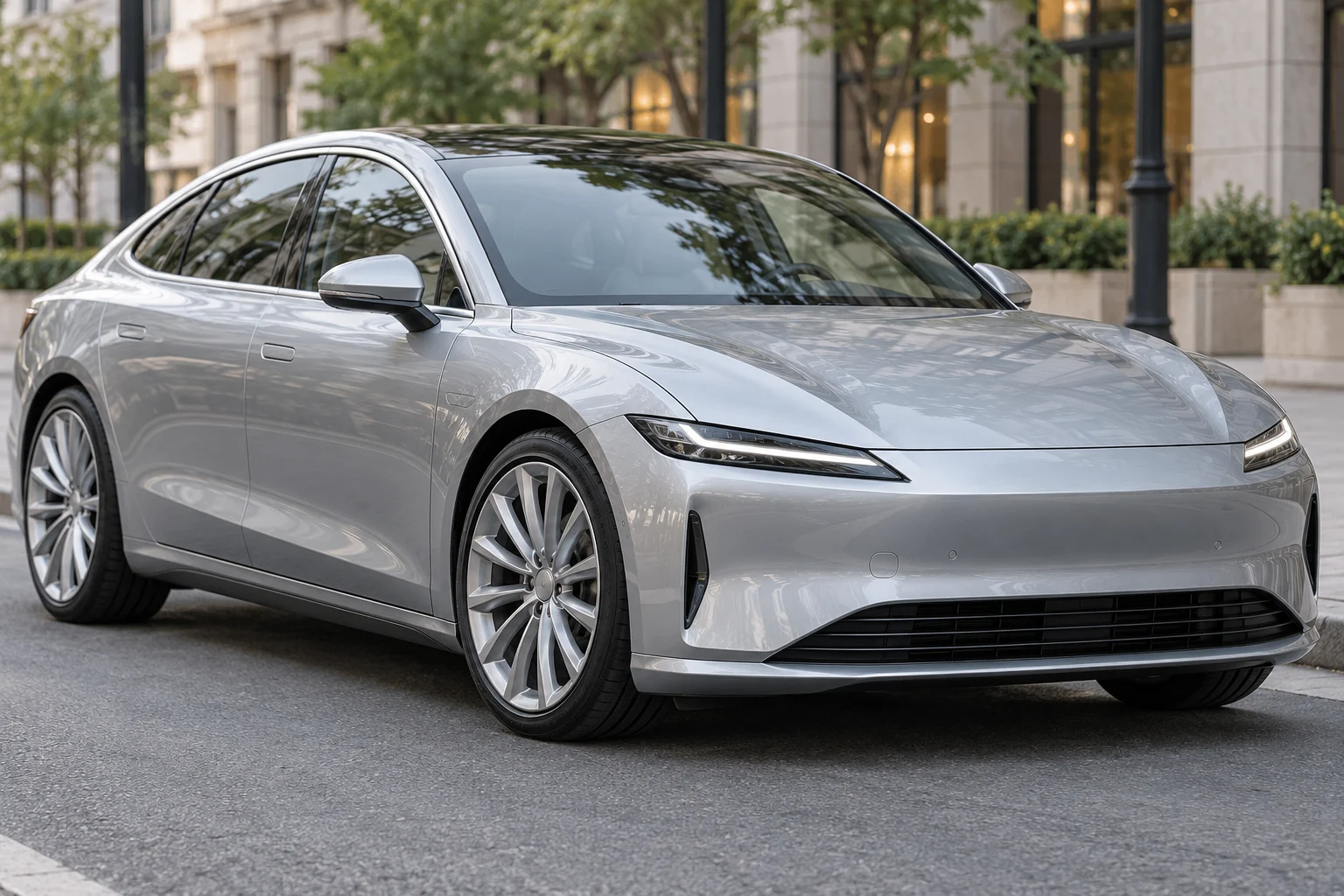 Illustrative silver electric sedan on aero-adjacent multi-spoke forged wheels for daily driving