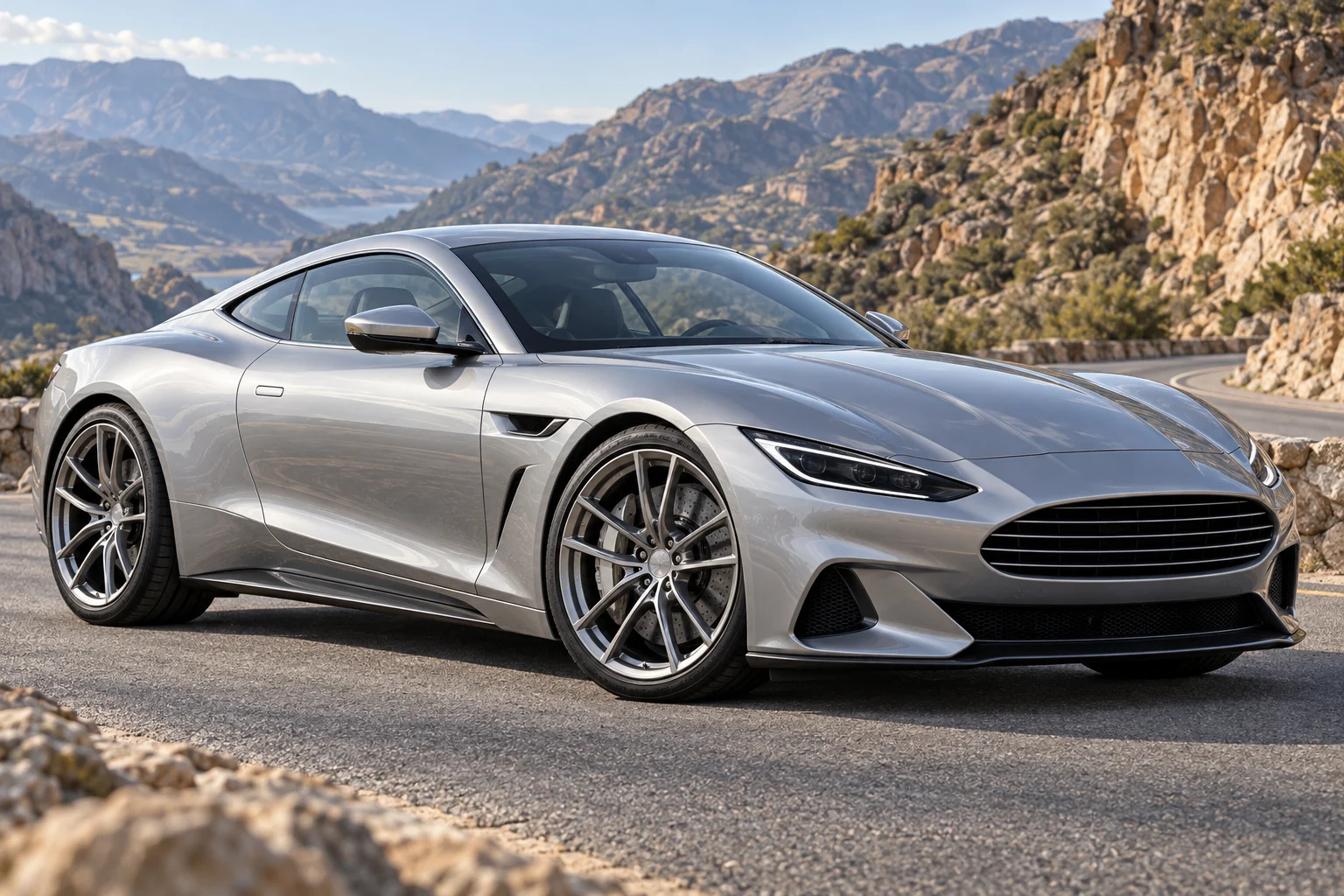 Illustrative silver sports coupe on Y-spoke forged monoblock wheels on a canyon road