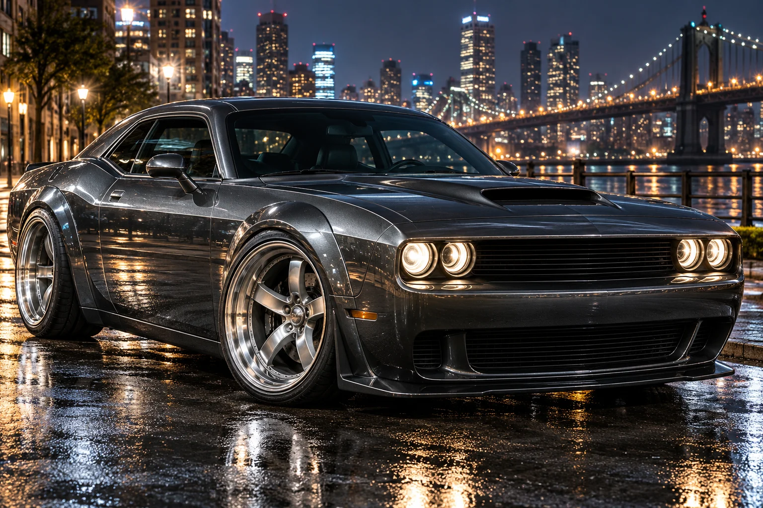 Illustrative dark American muscle coupe on deep-concave five-spoke forged wheels with wide lip at night