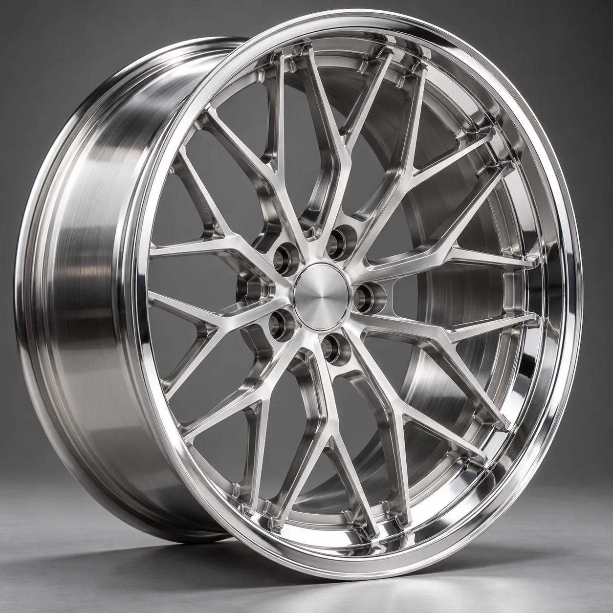Illustrative deep-concave mesh forged aluminum wheel with stepped lip, studio shot
