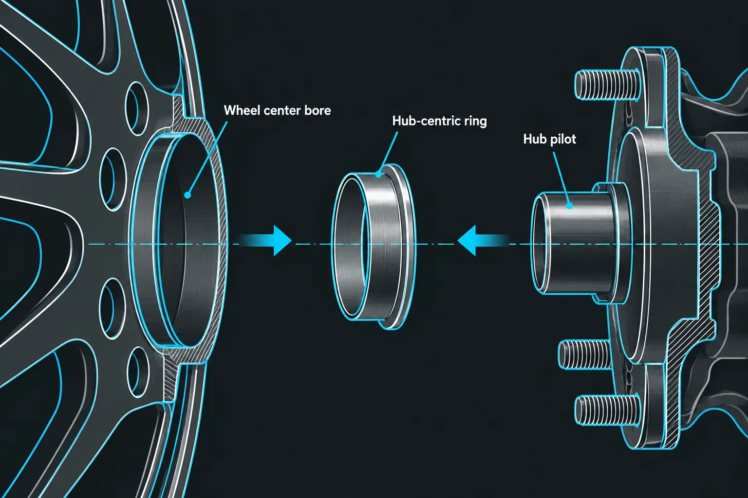 Exploded view of a hub-centric ring between hub pilot and wheel center bore