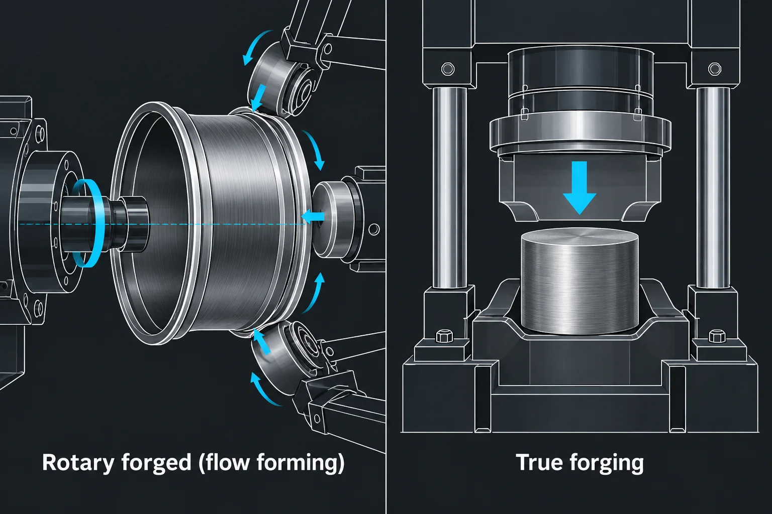 Side-by-side: rotary forged flow forming versus true billet forging