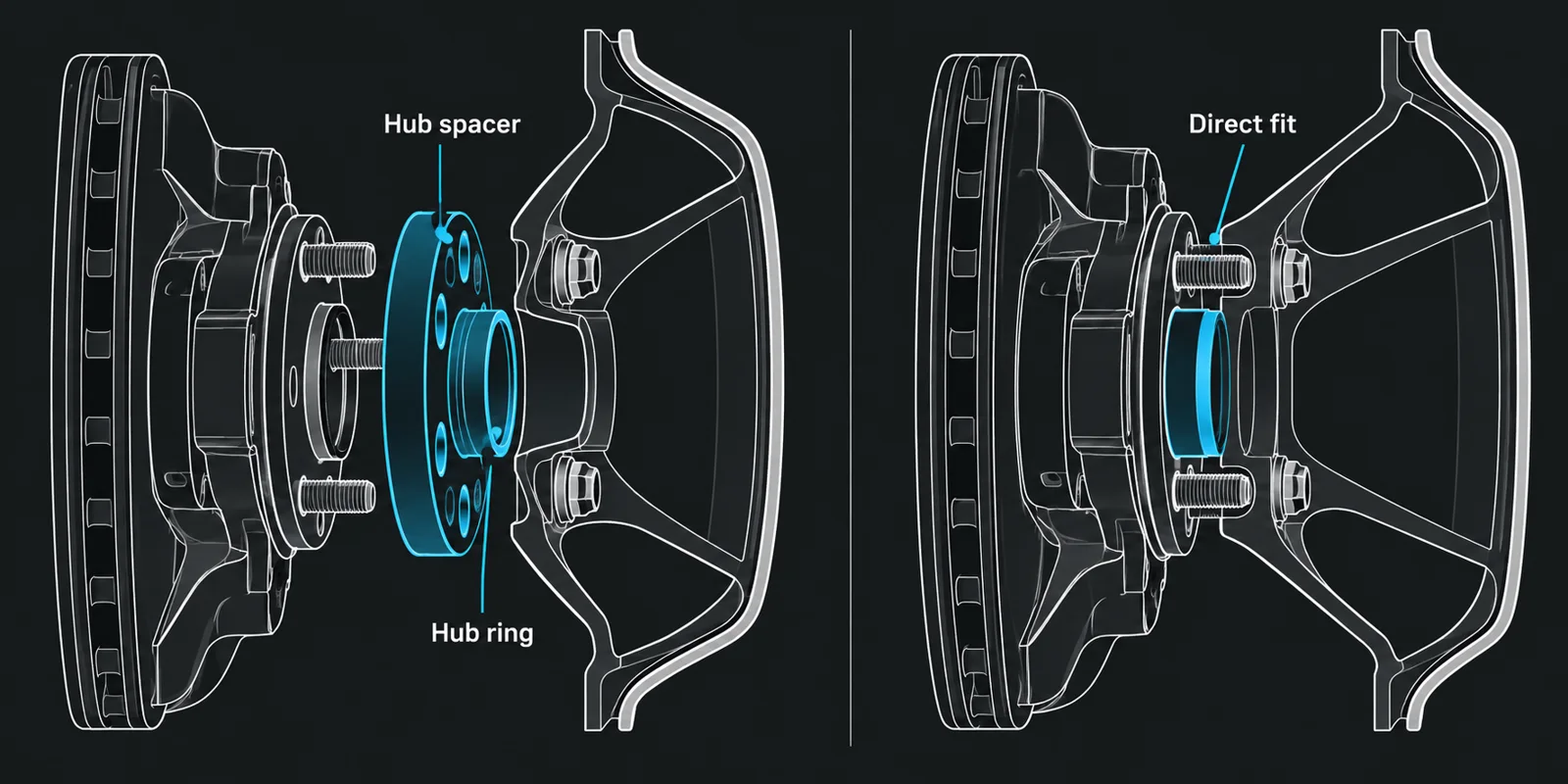 Cutaway comparing a hub-centric wheel spacer stack versus a direct-fit wheel