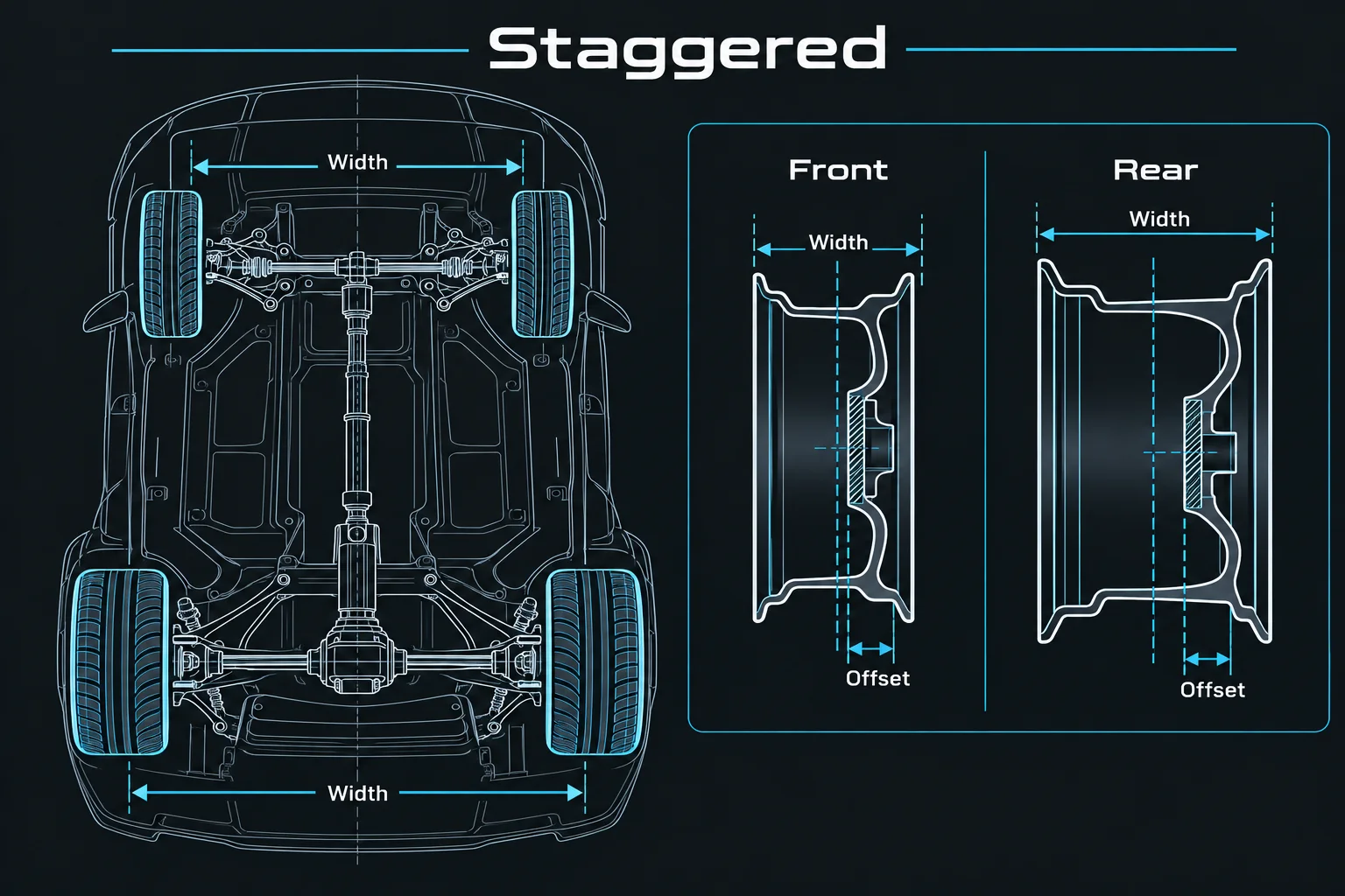 Top-down staggered wheel diagram: narrower front, wider rear, with offset callouts